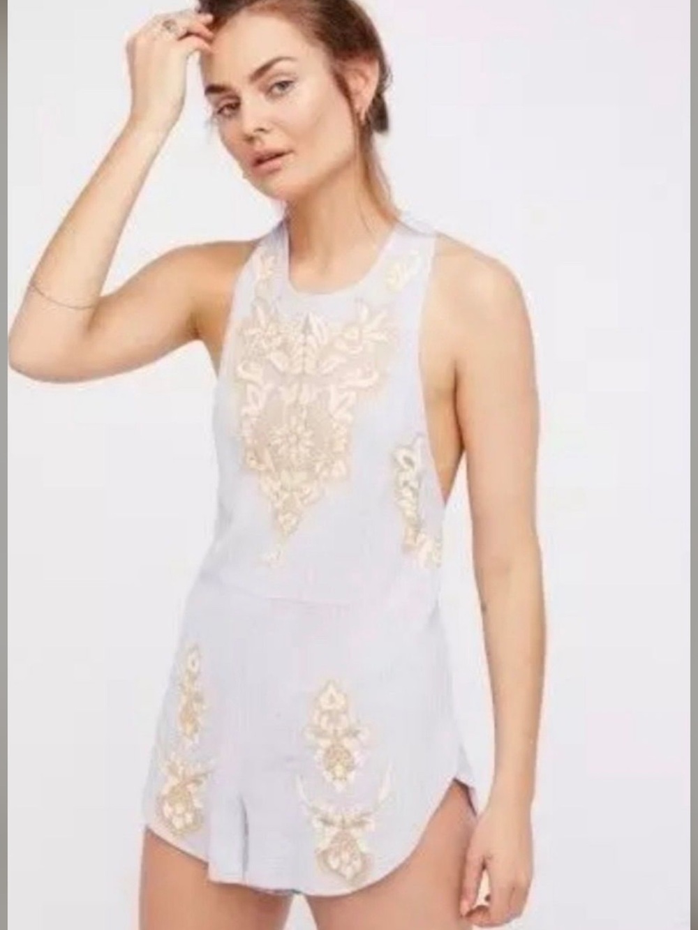 Free People Lavender Romper with Gold Embroidery and Lace
